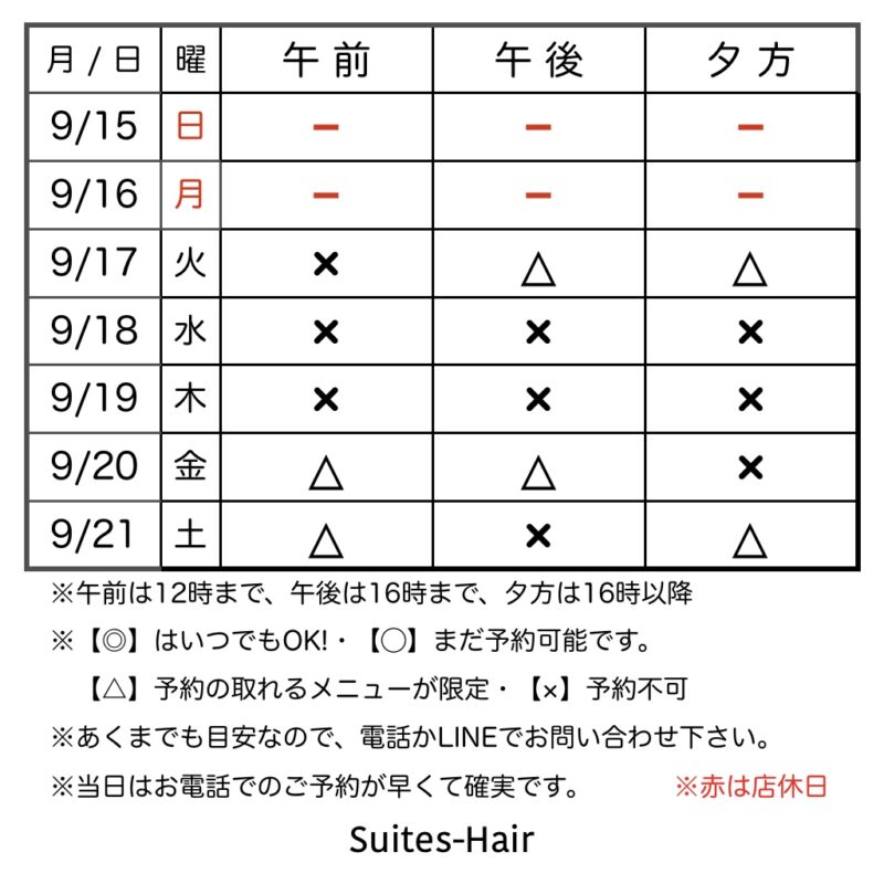 スウィーテスヘア1週間の予約状況