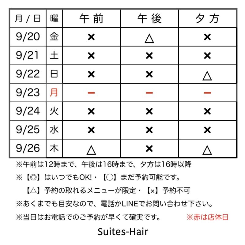 スウィーテスヘア1週間の予約状況