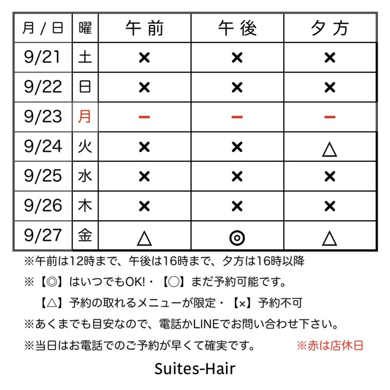 スウィーテスヘア1週間の予約状況