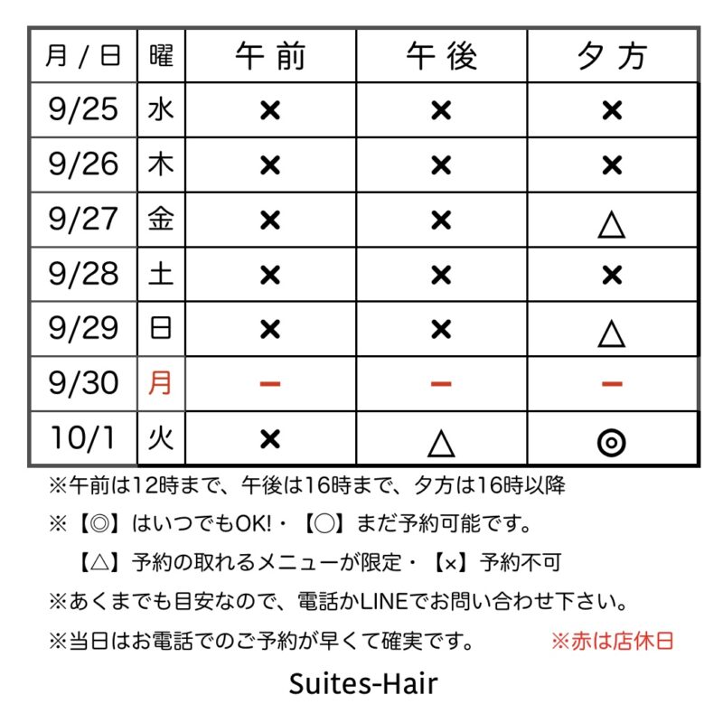 スウィーテスヘア1週間の予約状況