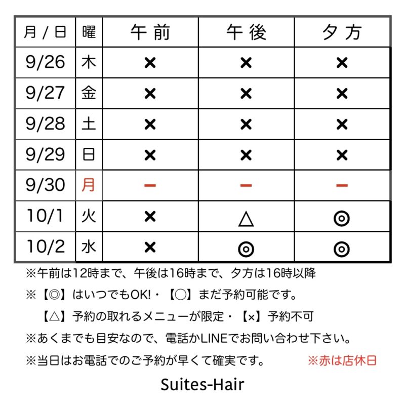 スウィーテスヘア1週間の予約状況