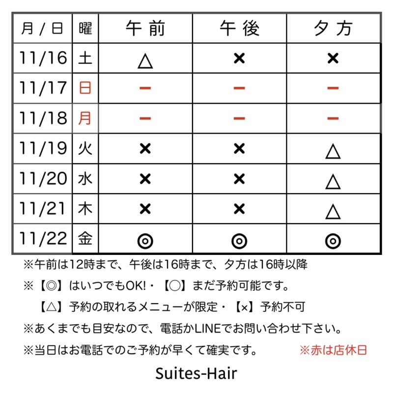 スウィーテスヘア1週間の予約状況