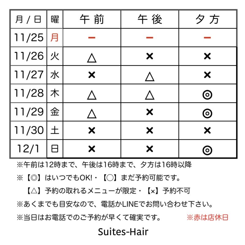 スウィーテスヘア1週間の予約状況