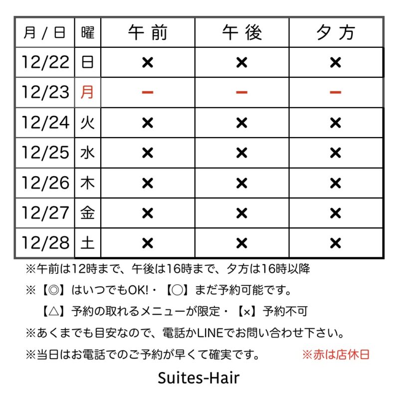 スウィーテスヘア1週間の予約状況