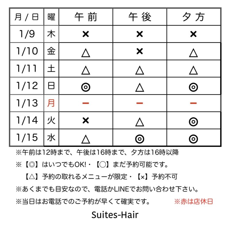 スウィーテスヘア1週間の予約状況