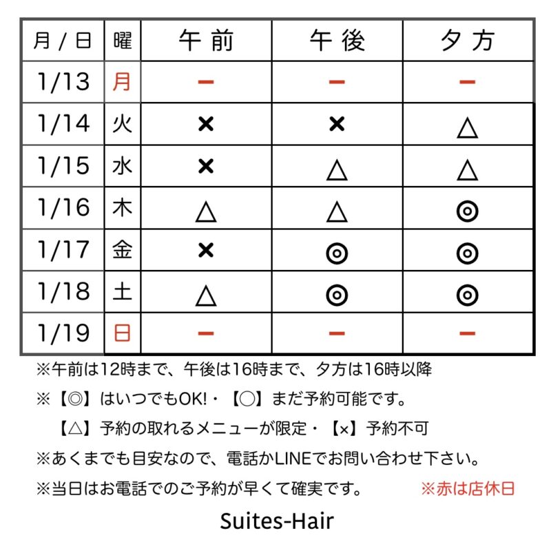 スウィーテスヘア1週間の予約状況