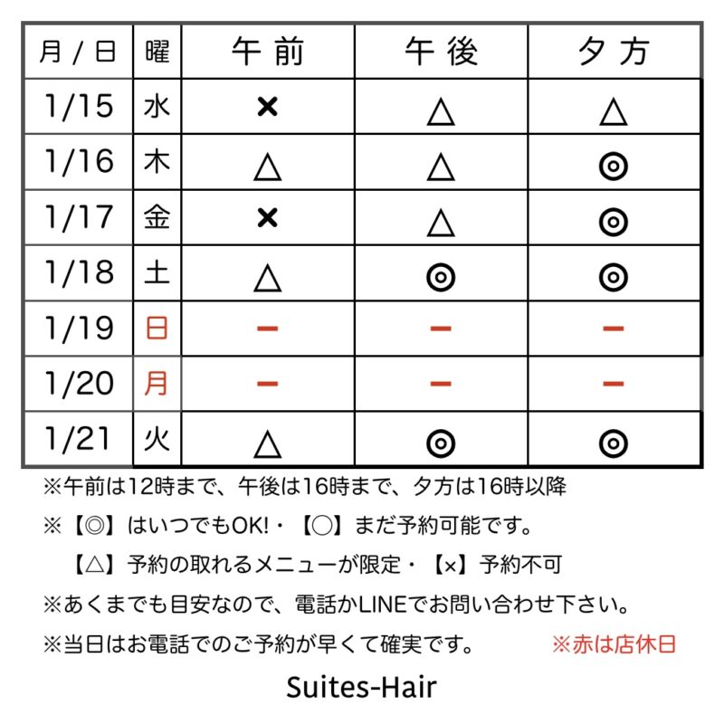 スウィーテスヘア1週間の予約状況