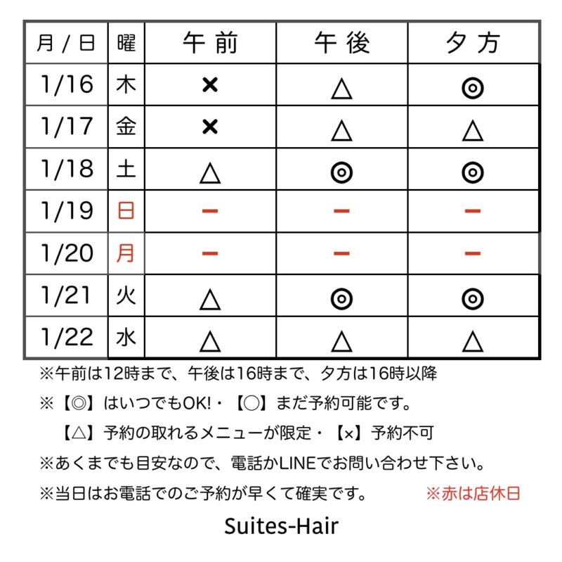 スウィーテスヘア1週間の予約状況